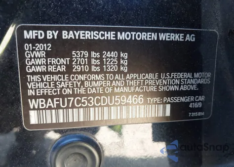 2012 BMW 535I xDrive z USA, uszkodzony, nr VIN WBAFU7C53CDU59466